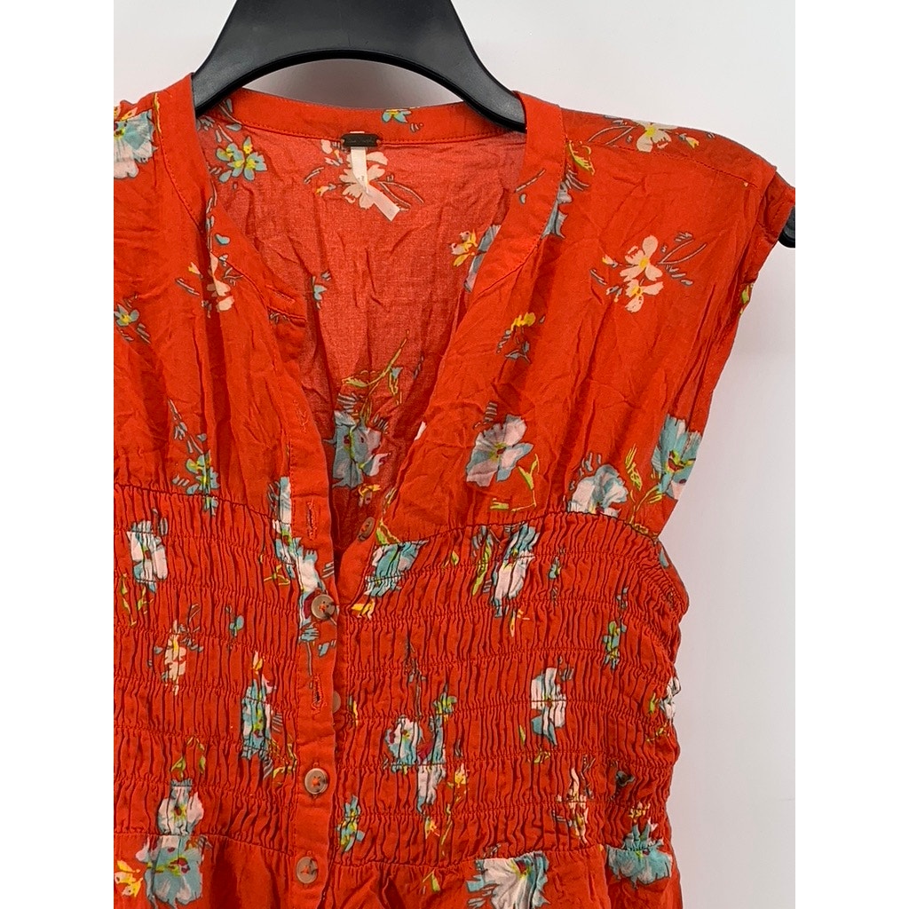 FREE PEOPLE Women's Red Orange Floral V-Neck Short Sleeve Smocked Dress SZ XS