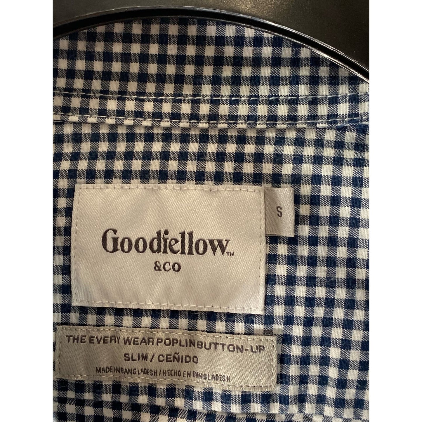 GOODFELLOW & CO Men's Navy/White Gingham Every Wear Slim-Fit Poplin Shirt SZ S