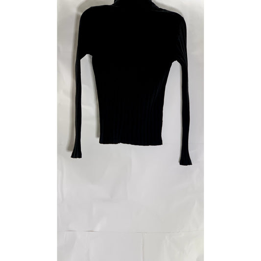 REFORMATION Women's Black Ribbed Button-Front V-Neck Long Sleeve Top SZ S