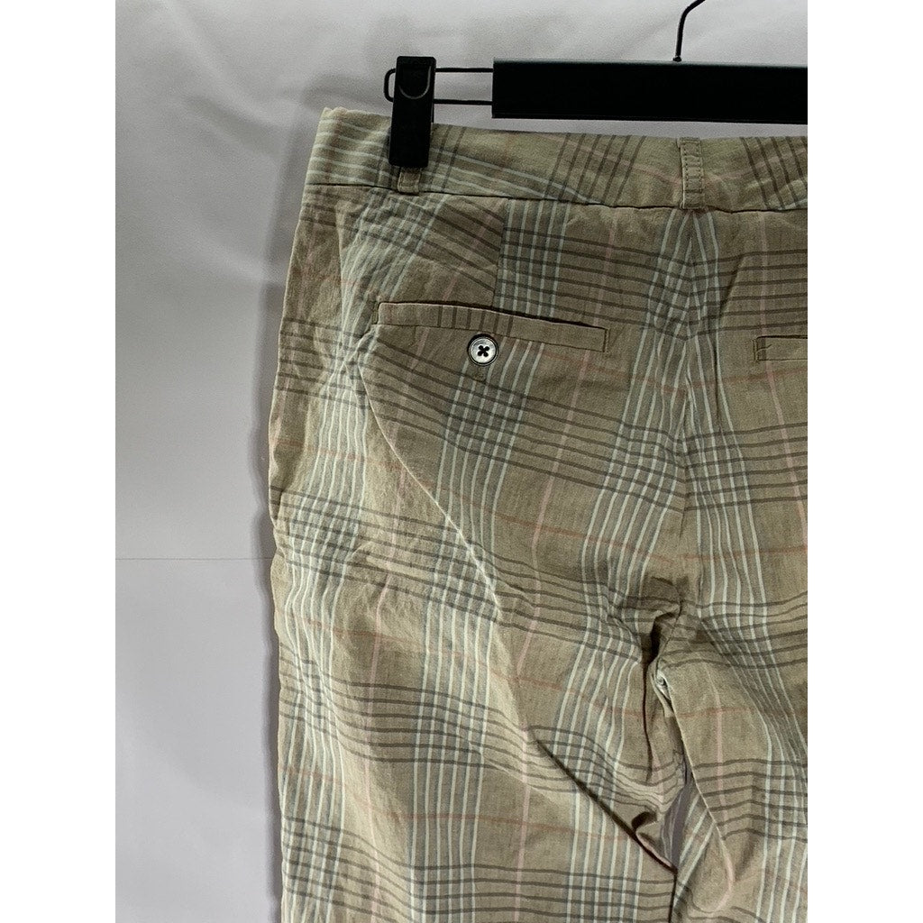 BANANA REPBULIC Women's Tan Plaid Avery Straight-Leg Linen-Blend Cuffed Pant SZ4