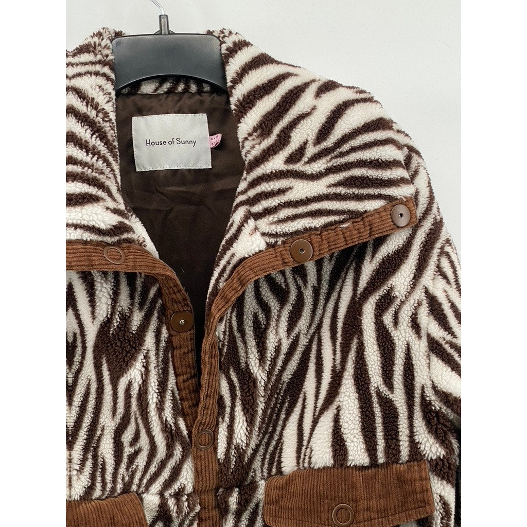 HOUSE OF SUNNY Women’s Brown-Cream Zebra Print Half-Button Teddy Sweater SZ 4
