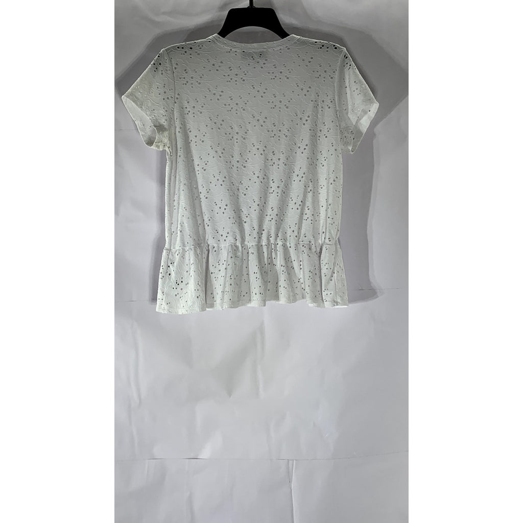NANETTE LEPORE Women’s White Eyelet Short Sleeve Crewneck Peplum Top SZ S