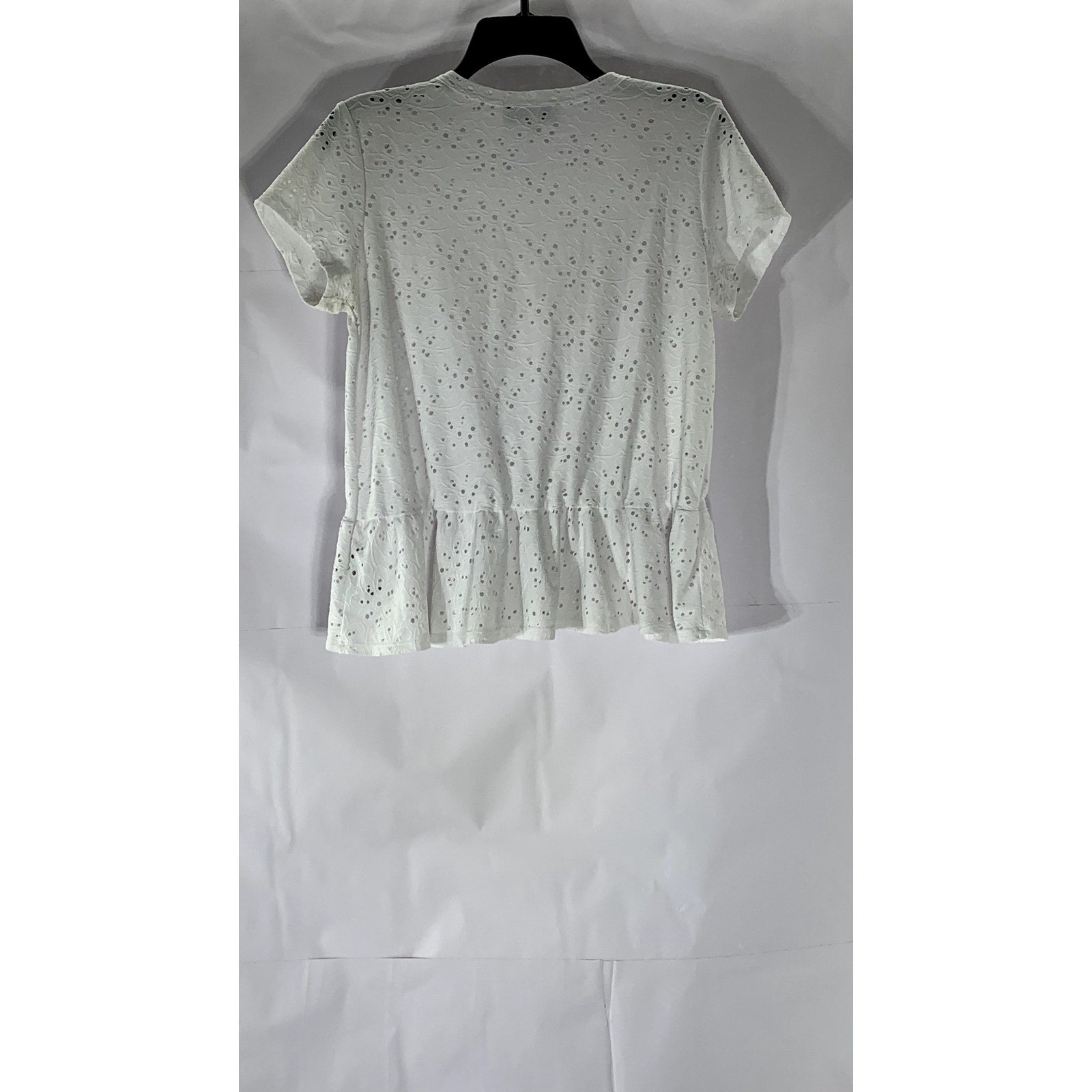 NANETTE LEPORE Women’s White Eyelet Short Sleeve Crewneck Peplum Top SZ S