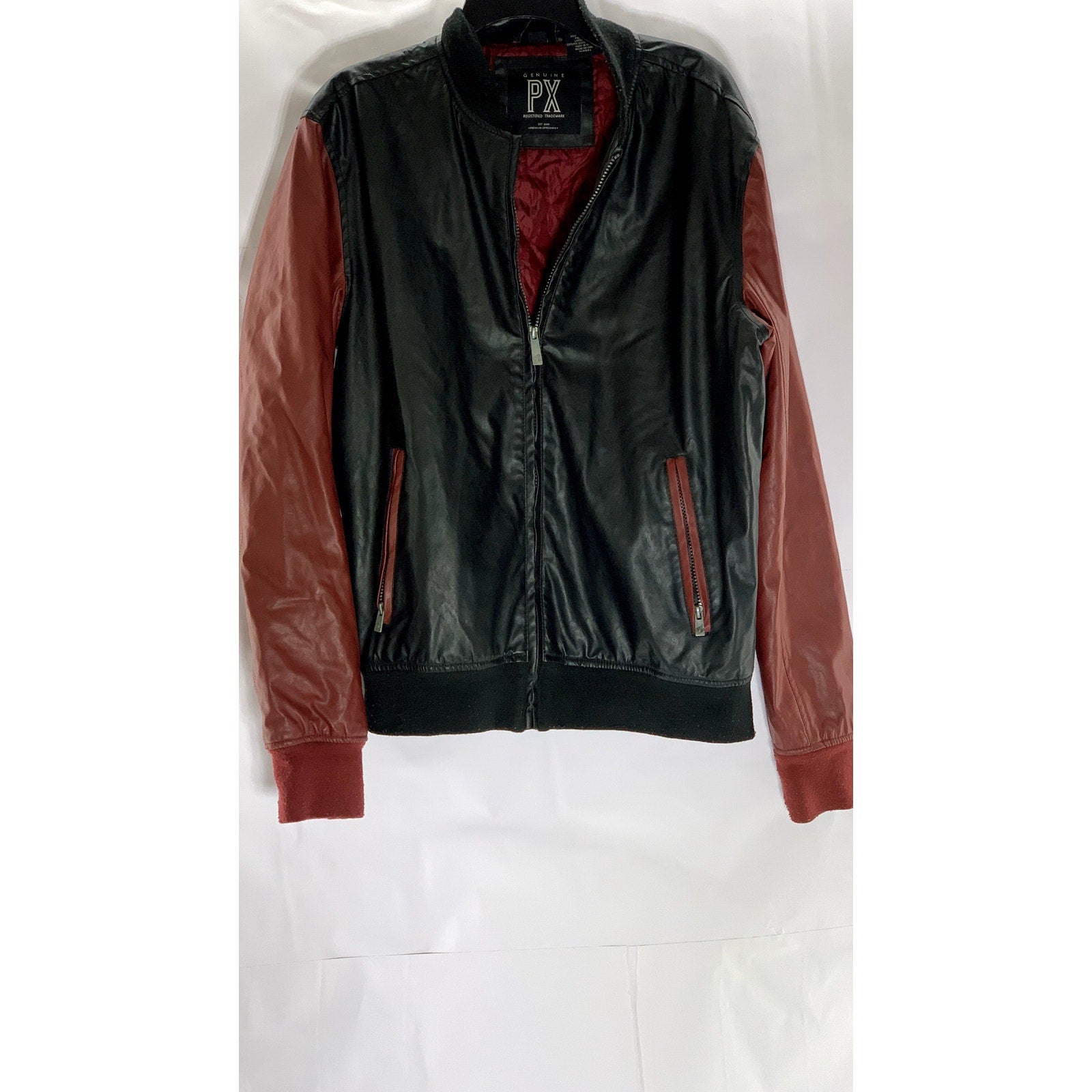 GENUINE PX Men's Vintage Black/Red Colorblock Faux-Leather Zip-Up Jacket SZ S