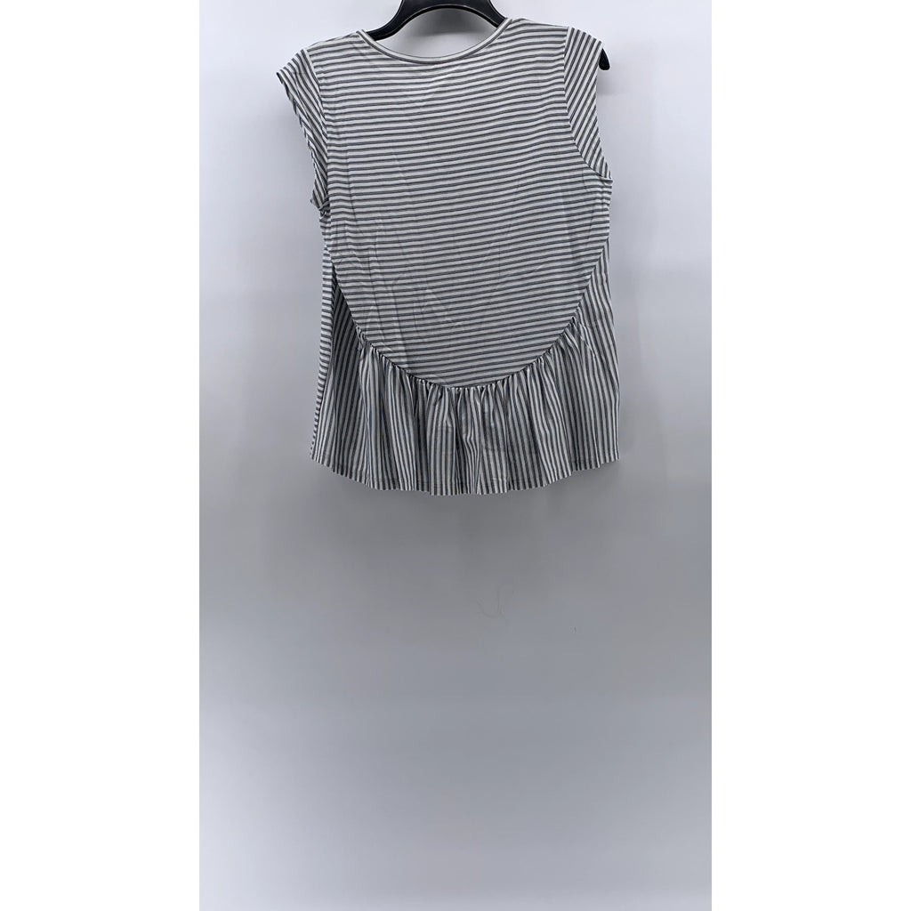 LOFT OUTLET Women's Petite White-Gray Striped Crewneck Ruffle-Hem Top M/P