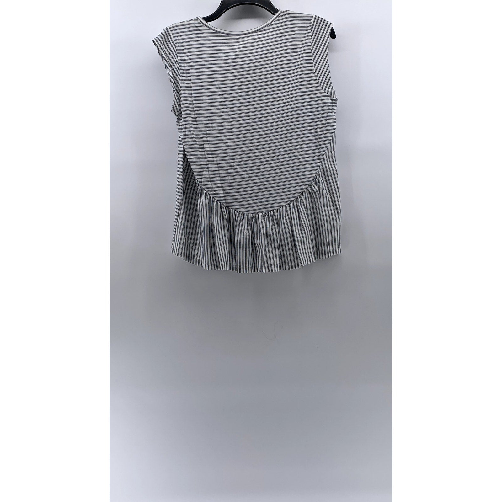 LOFT OUTLET Women's Petite White-Gray Striped Crewneck Ruffle-Hem Top M/P