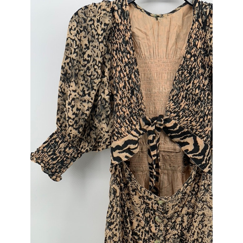 FREE PEOPLE Women's Brown Printed V-Neck Cutout Casual Maxi Dress SZ XS
