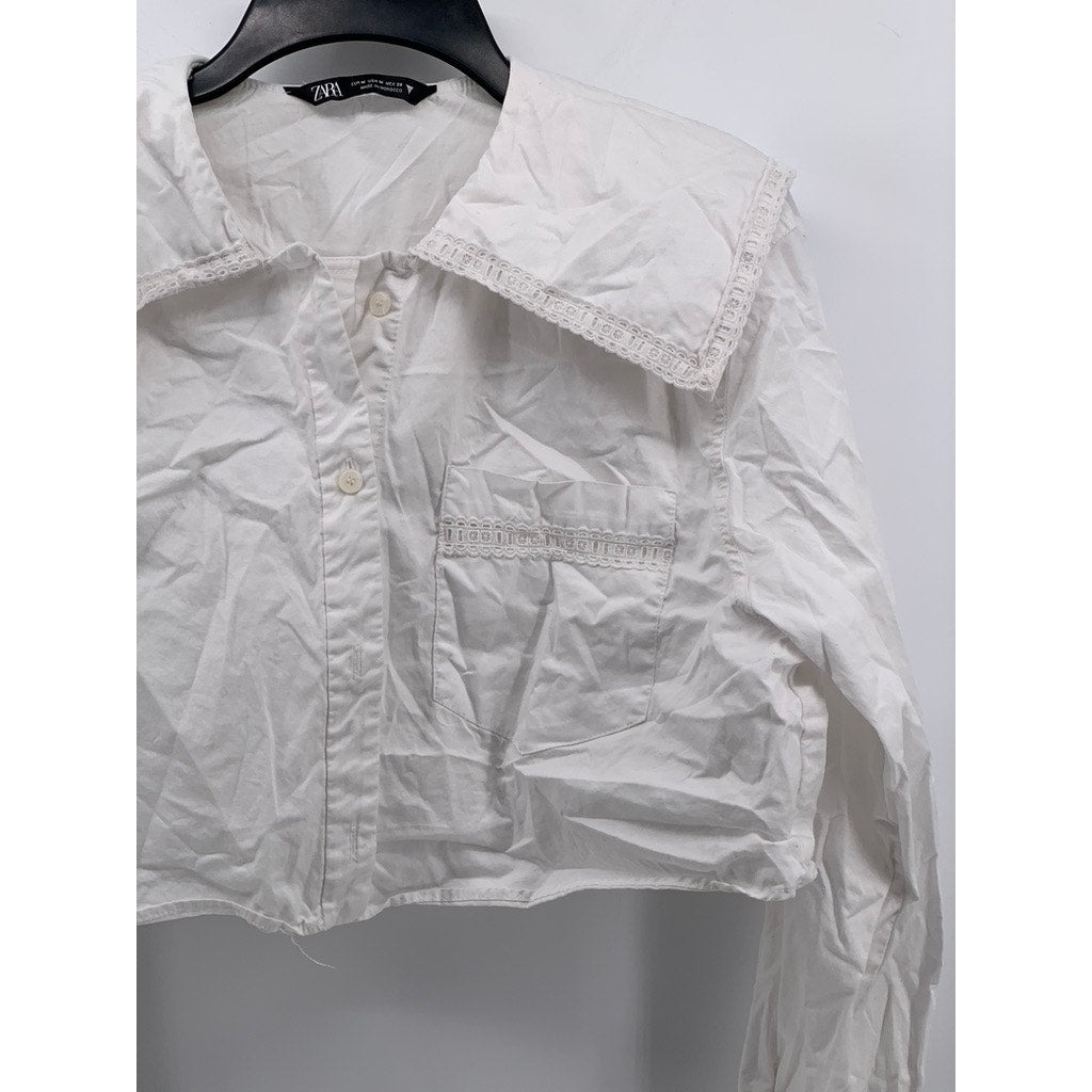 ZARA Women's White Embroidered Button-Up Long Sleeve Crop Top SZ M