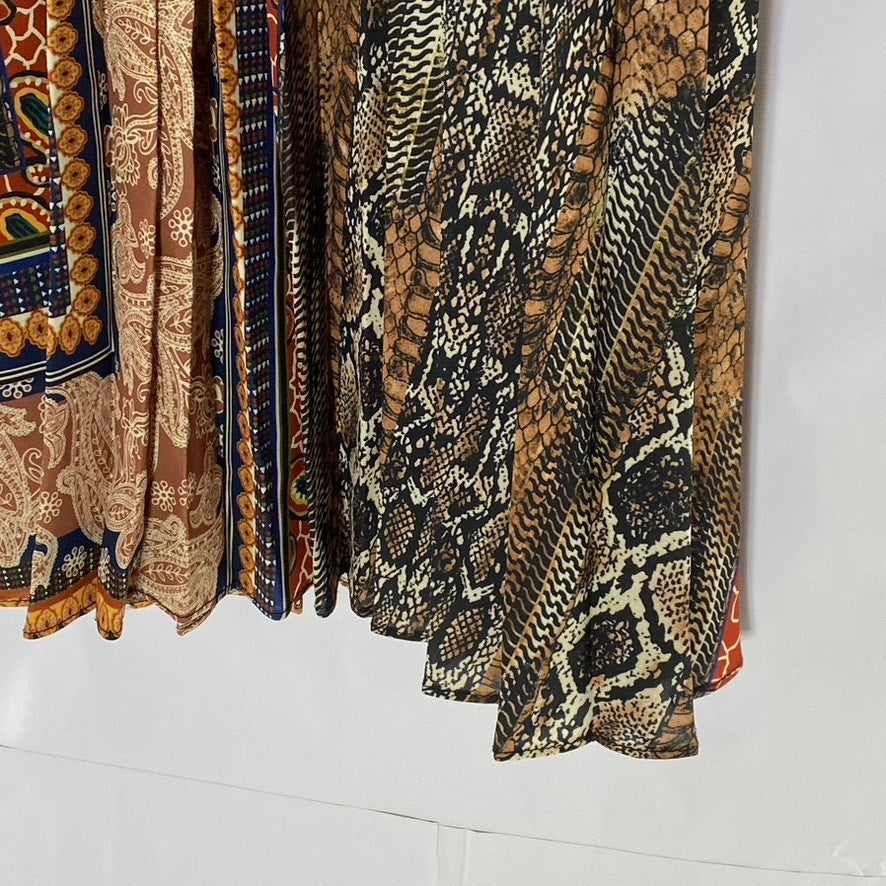 UNBRANDED Women's Tan-Multi Paisley Print Elastic-Waist Pleated Midi Skirt SZ XL