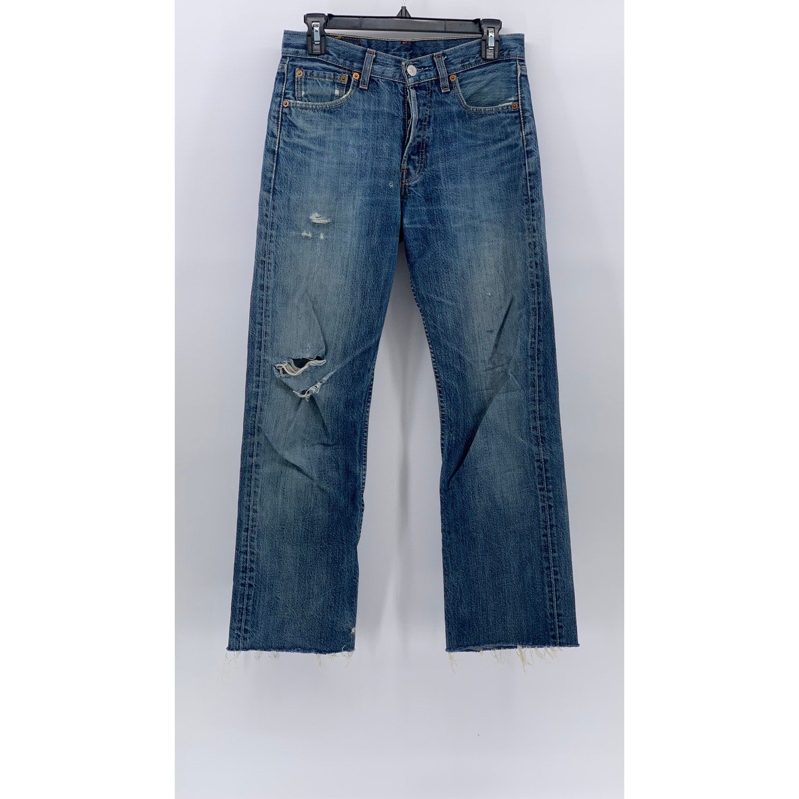 LEVI'S Men's Blue Denim Distressed 501 Original Fit Straight-Leg Jeans SZ 28X32