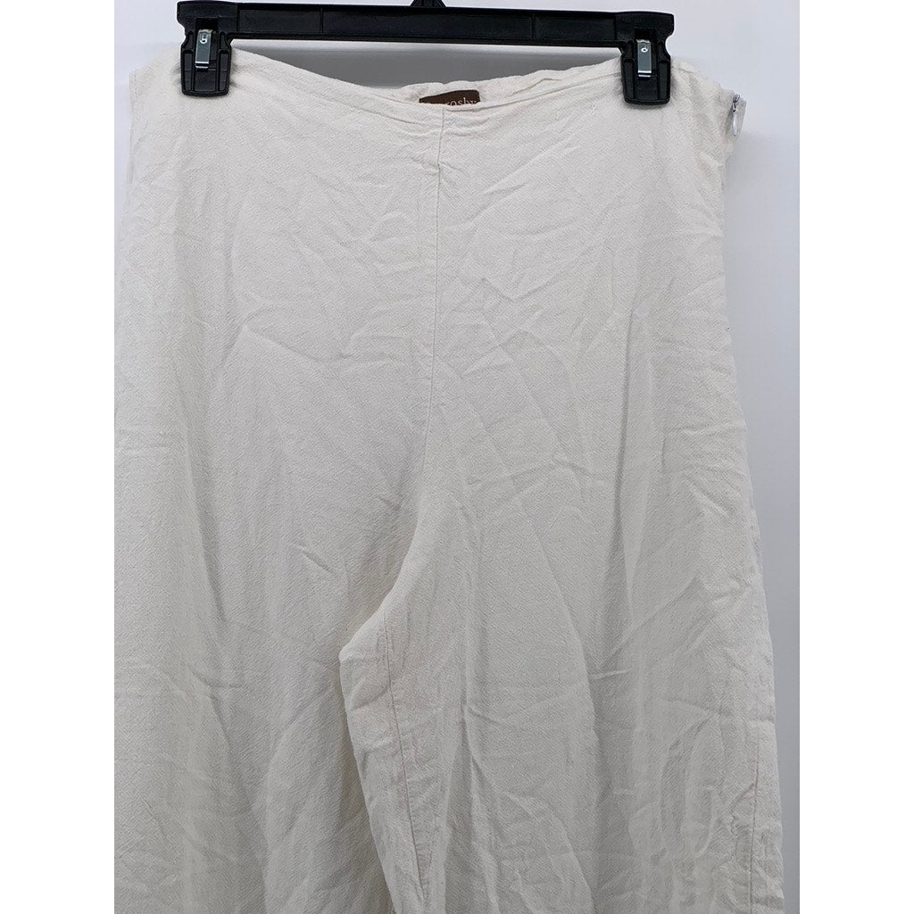 CROSBY Women's White-Tan Linen-Blend Pull-On Striped Cuff Wide-Leg Pant SZ L