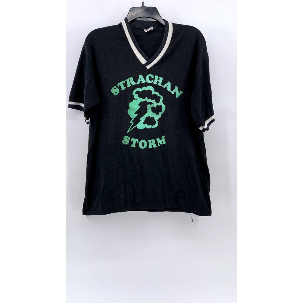JERZEES Men's Black-Green Vintage V-Neck Strachan Storm Logo T-Shirt SZ XL