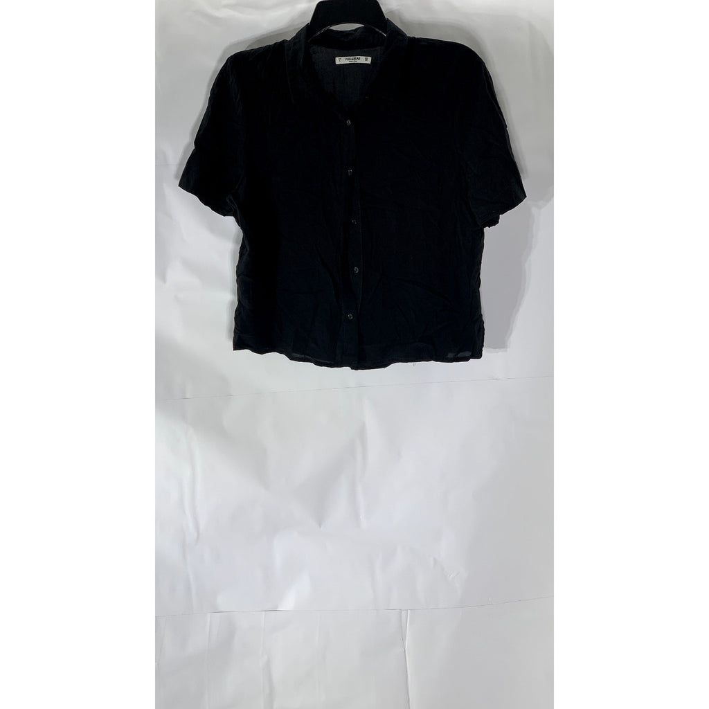PULL & BEAR Women's Black Relaxed-Fit Button-Up Short Sleeve Cropped Top SZ L
