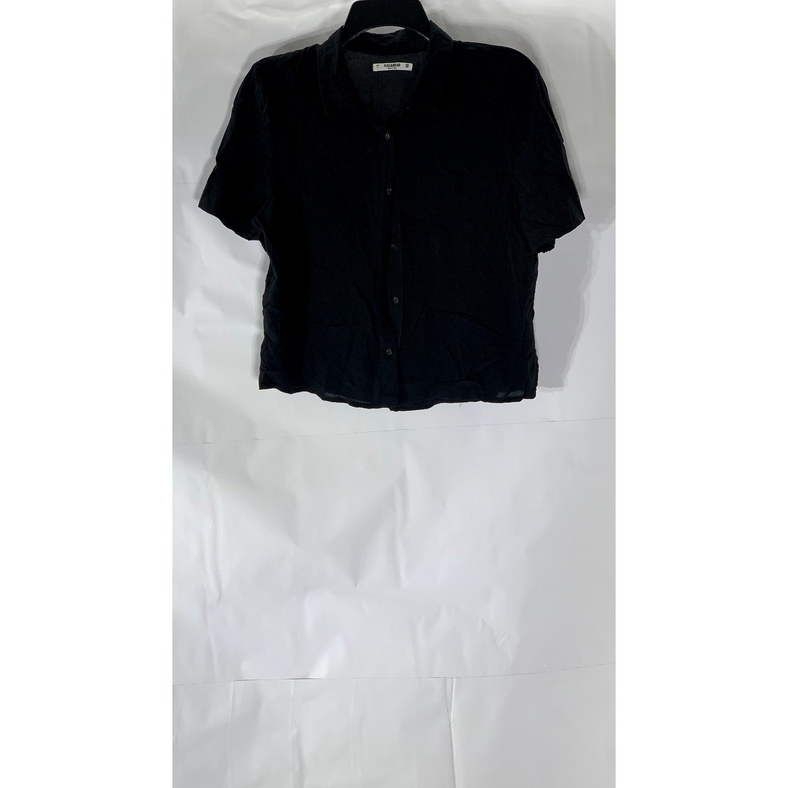 PULL & BEAR Women's Black Relaxed-Fit Button-Up Short Sleeve Cropped Top SZ L