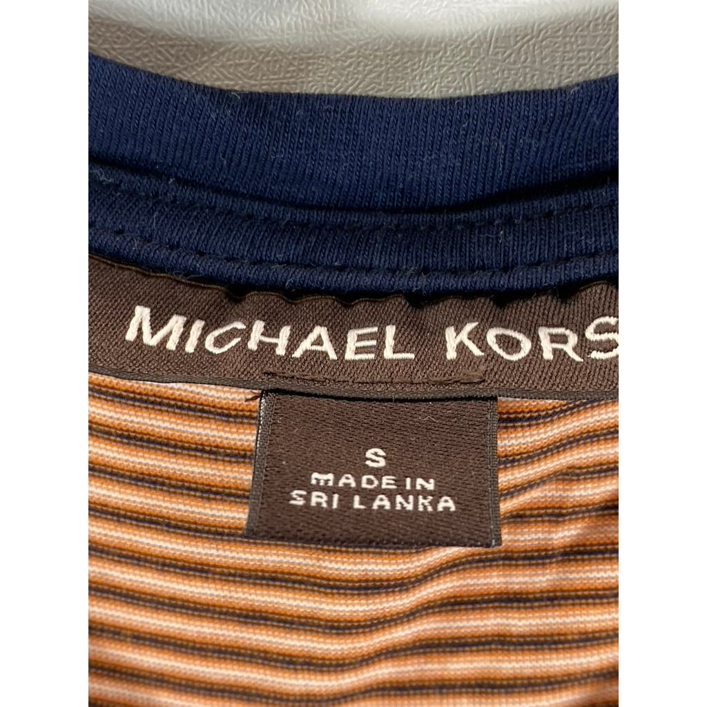 MICHAEL KORS Men's Orange/Navy Mini Striped Crewneck Short Sleeve T-Shirt SZ S
