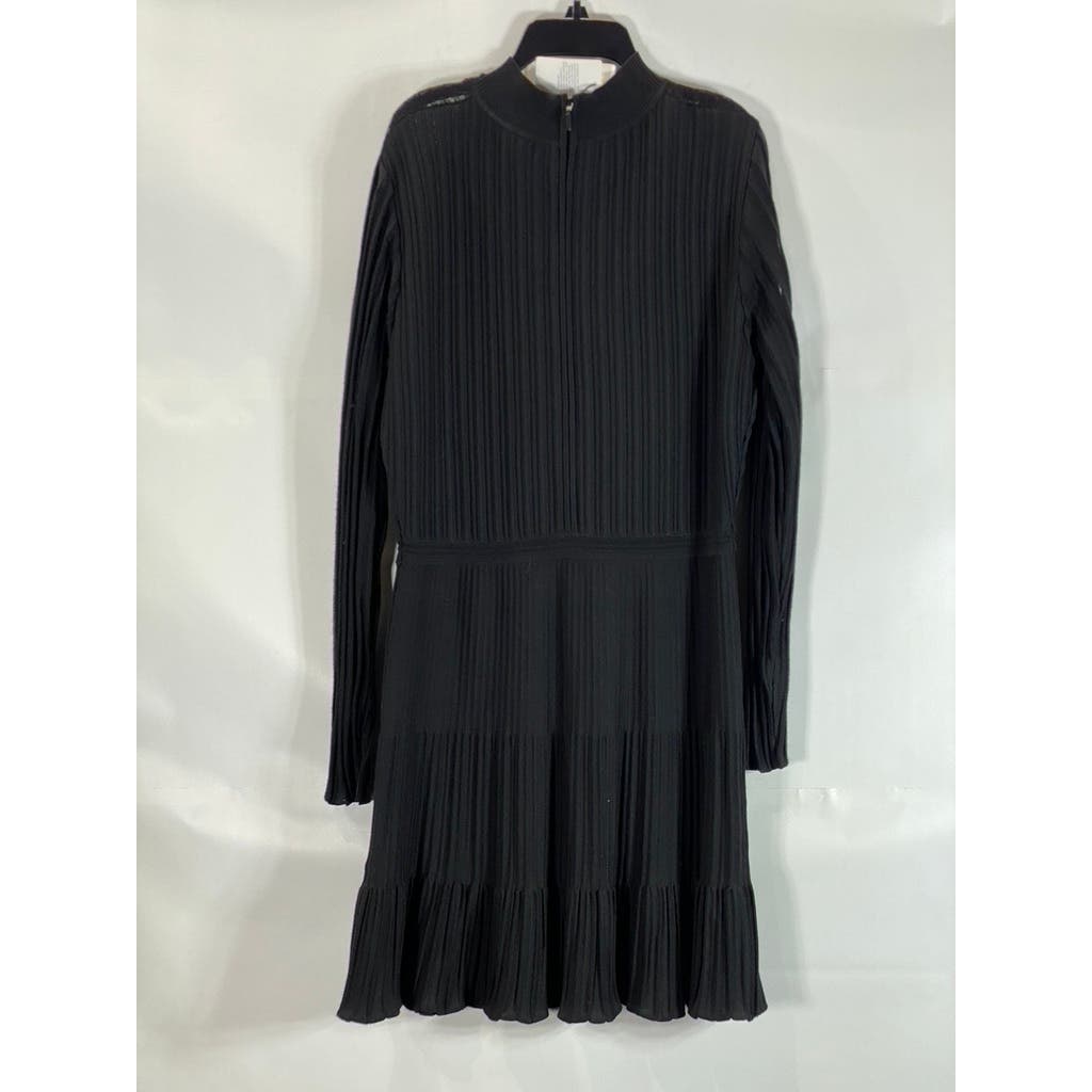REISS Women's Clemmy Black Pleated Long Sleeve A-line Illusion Dress SZ L