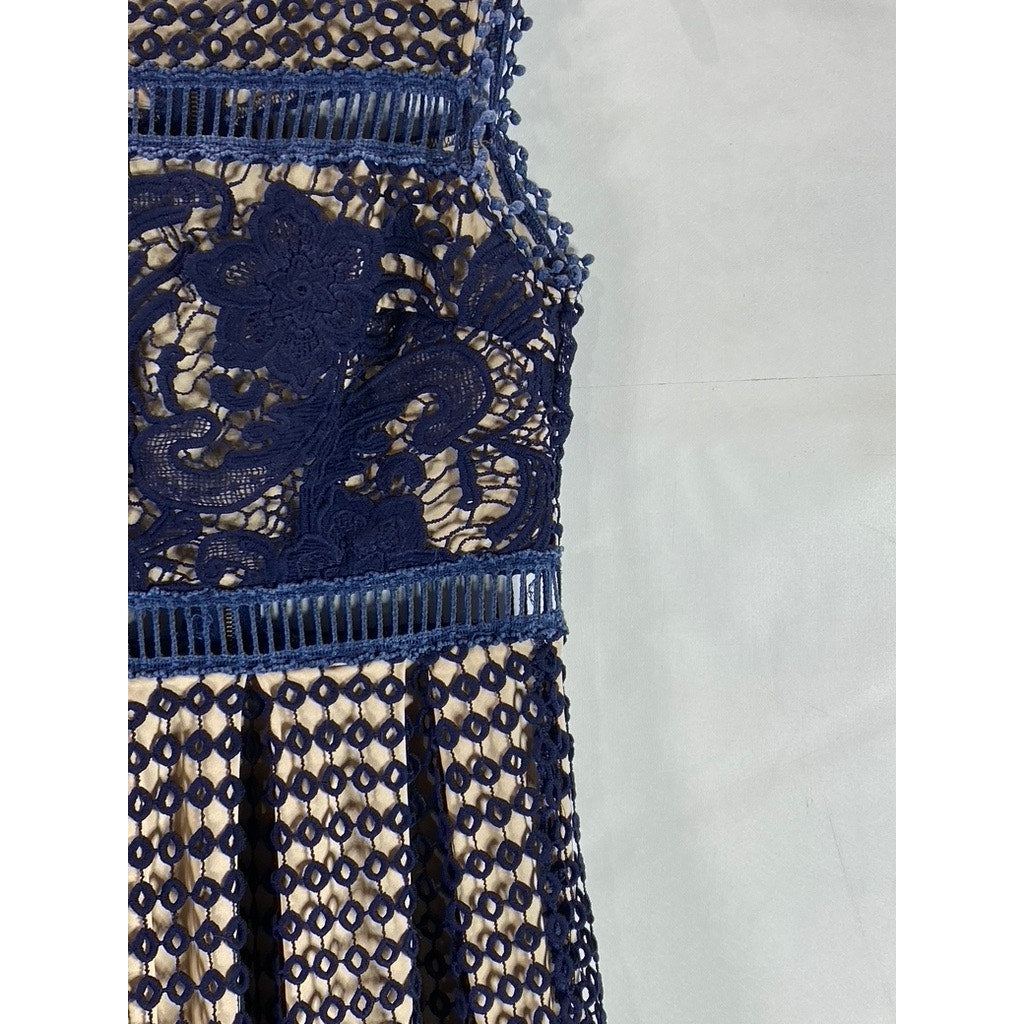 AQUA Women's Navy/Nude Eyelet Lace-Trim Sleeveless A-Line Mini Dress SZ S