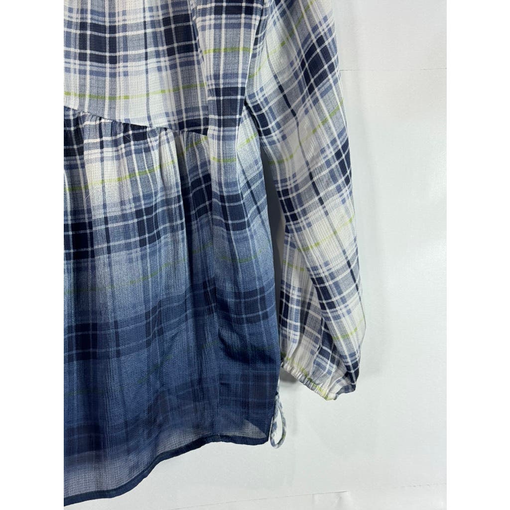 PRINCESS VERA WANG Women's Blue/White Ombre Plaid Tie-Cuff Long Sleeve Top SZ S