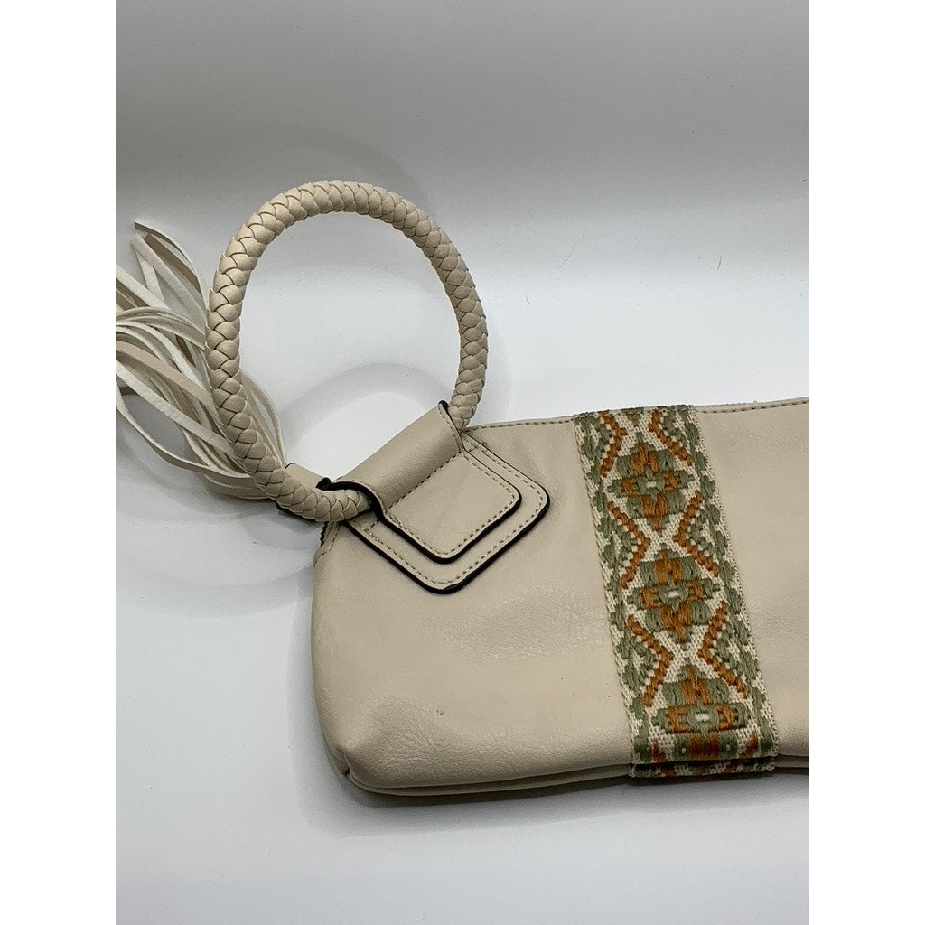 UNBRANDED Women's Beige Faux-Leather Embroidered Geo Center Stripe Wrist Bag