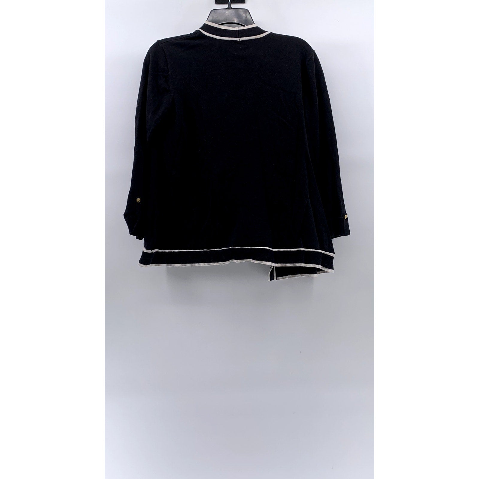 ANNE KLEIN Women's Black-White Malibu Open-Front Collarless Cardigan SZ M