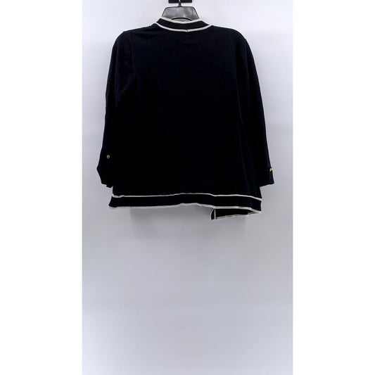 ANNE KLEIN Women's Black-White Malibu Open-Front Collarless Cardigan SZ M