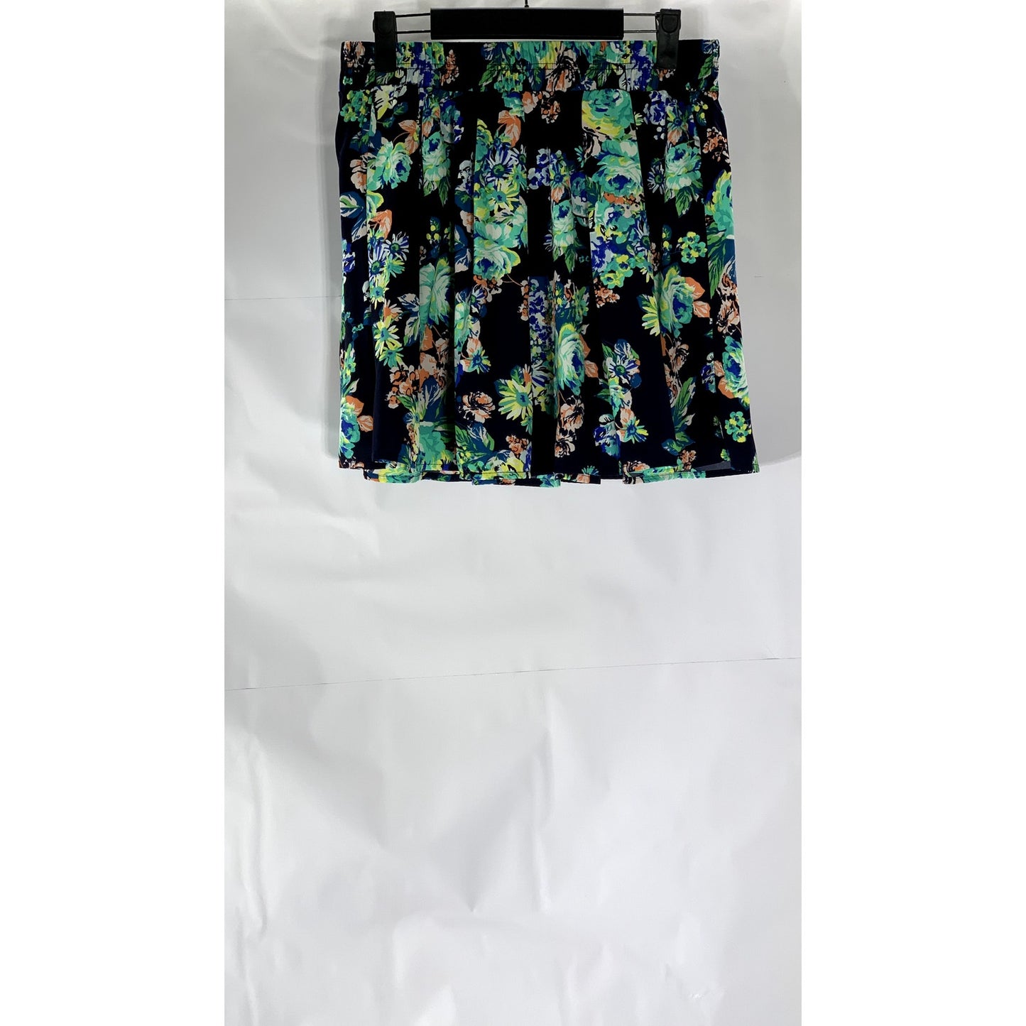 AMBIANCE APPAREL Women’s Navy Blue-Green Floral Print Elastic Waist Mini Skirt L