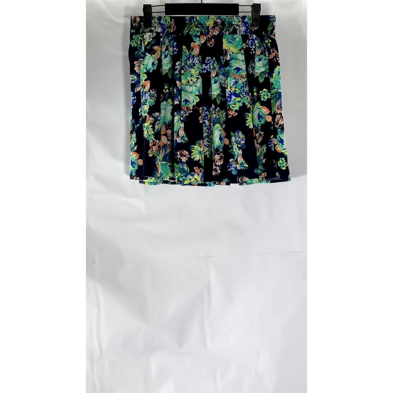 AMBIANCE APPAREL Women’s Navy Blue-Green Floral Print Elastic Waist Mini Skirt L