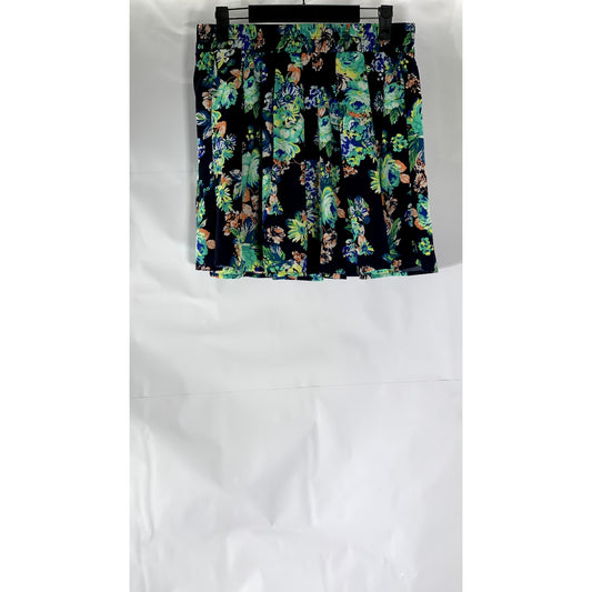 AMBIANCE APPAREL Women’s Navy Blue-Green Floral Print Elastic Waist Mini Skirt L