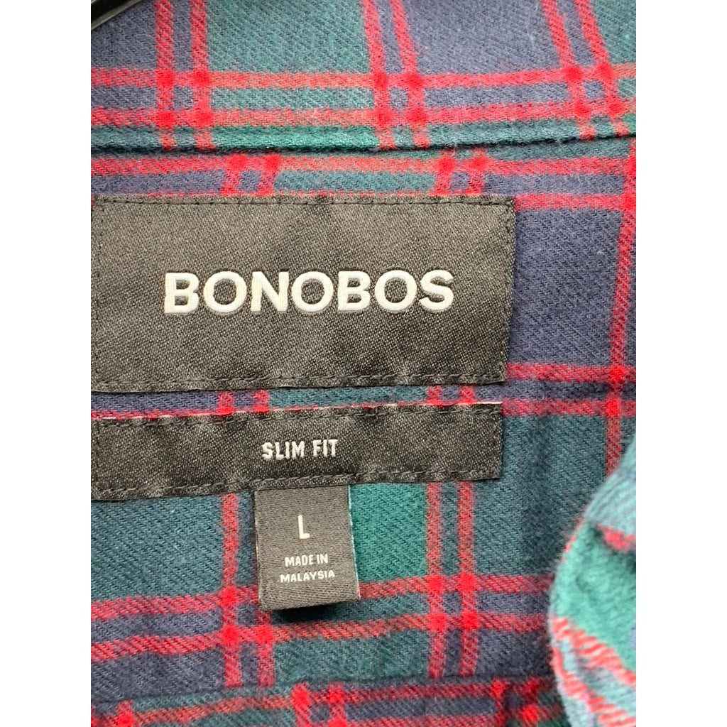 BONOBOS Men's Green-Blue-Red Button-Up Slim-Fit Flannel Long Sleeve Shirt SZ L
