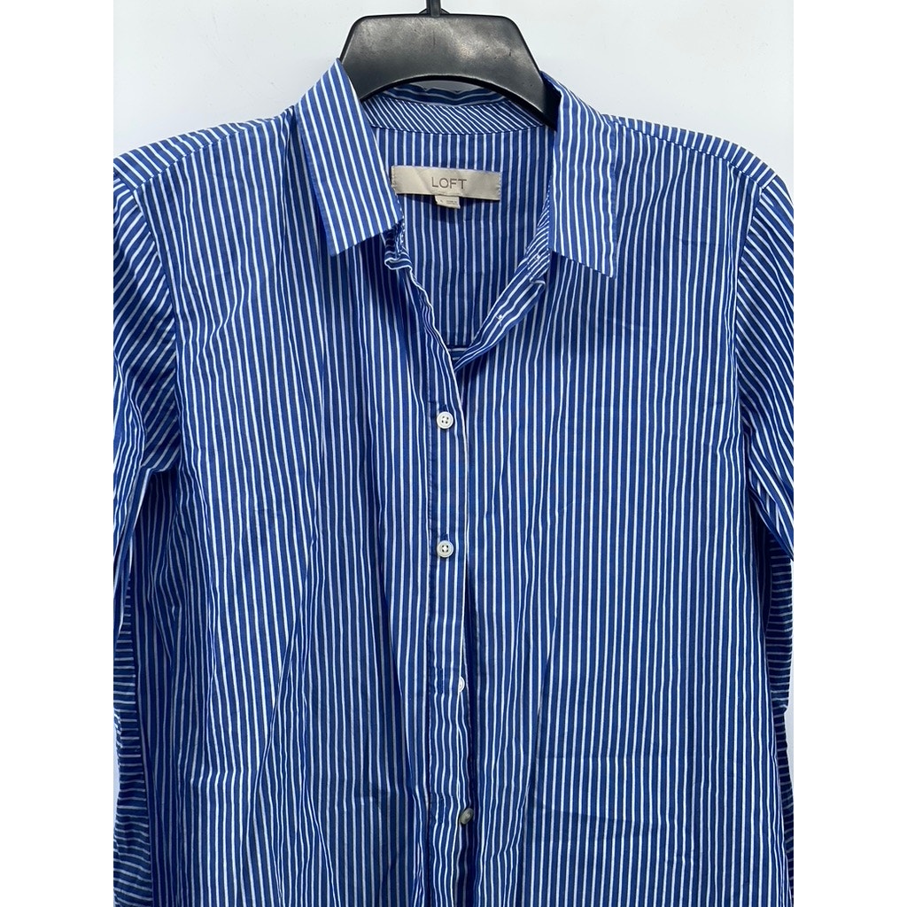 LOFT Women's Blue-White Striped Button-Up Round-Hem Long Sleeve Top SZ S