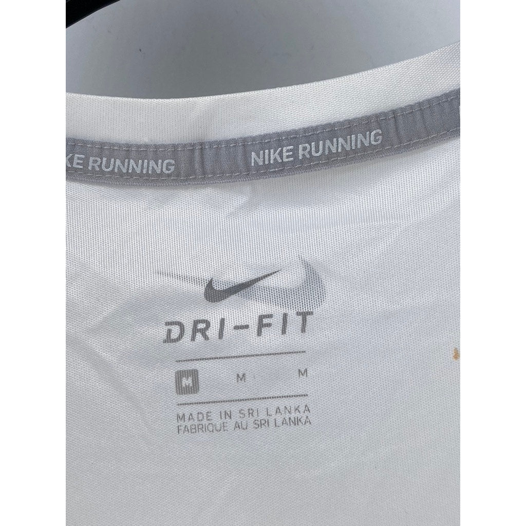 NIKE Women's White Crewneck Dri-Fit Large Swoosh Short Sleeve Running Top SZ M