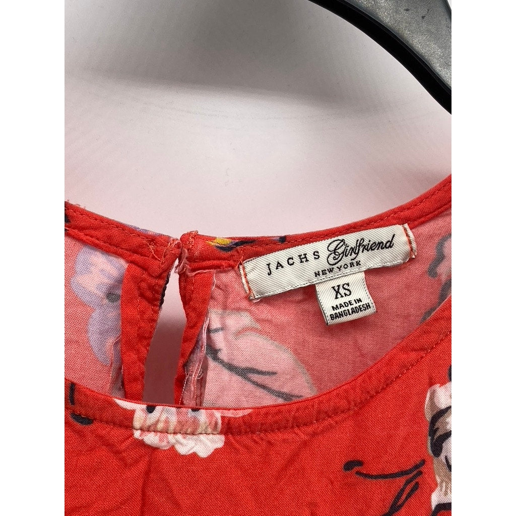 JACHS GIRLFRIEND NEW YORK Women's Red Floral Ruffle Crochet-Trim Blouse SZ XS