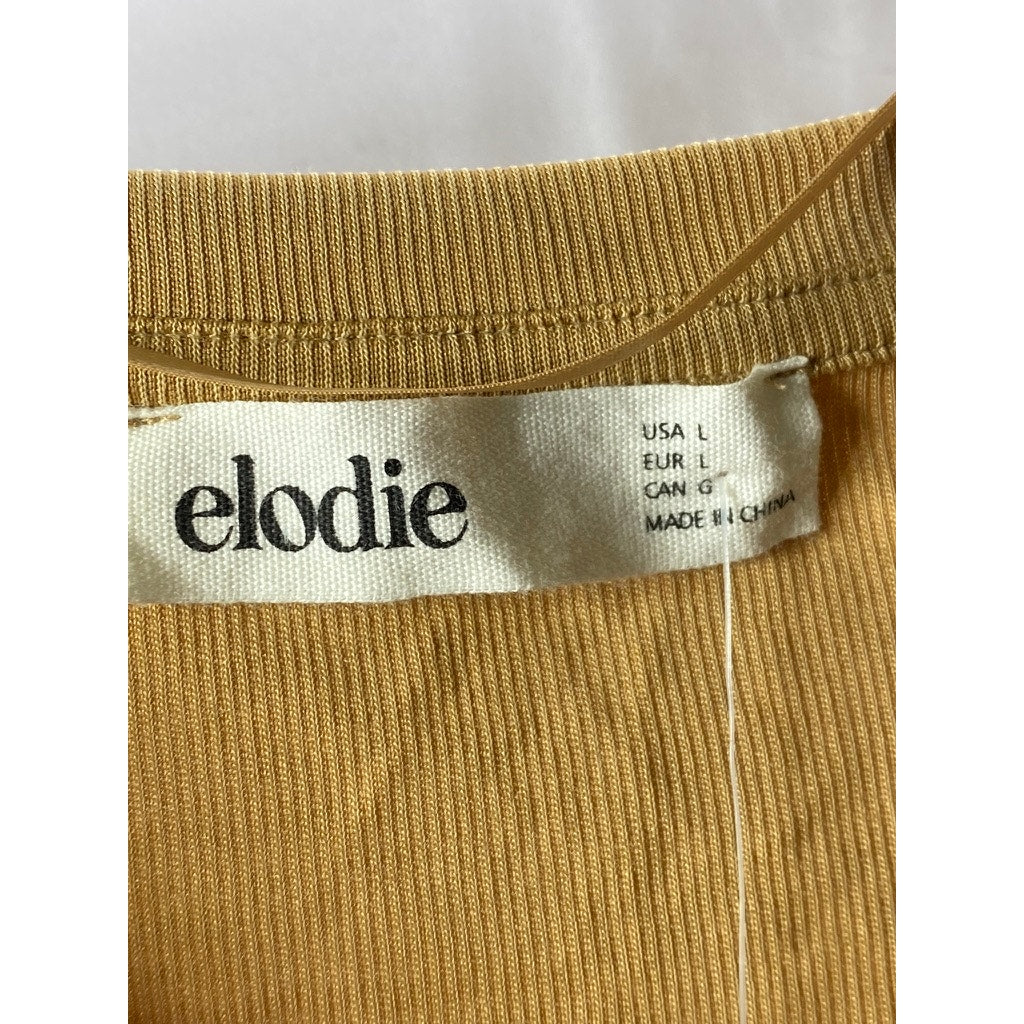 ELODIE Women's Tan Ribbed Crewneck Long Sleeve Thong Bodysuit SZ L