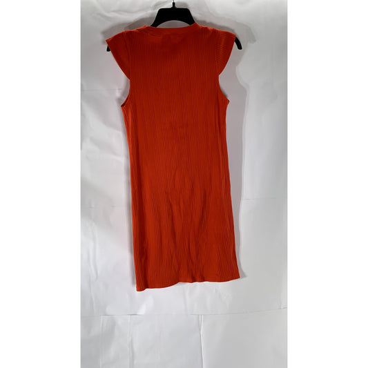 ZARA Women's Orange Rib Knit Crewneck Cap Short Sleeve Mini A-Line Dress SZ M