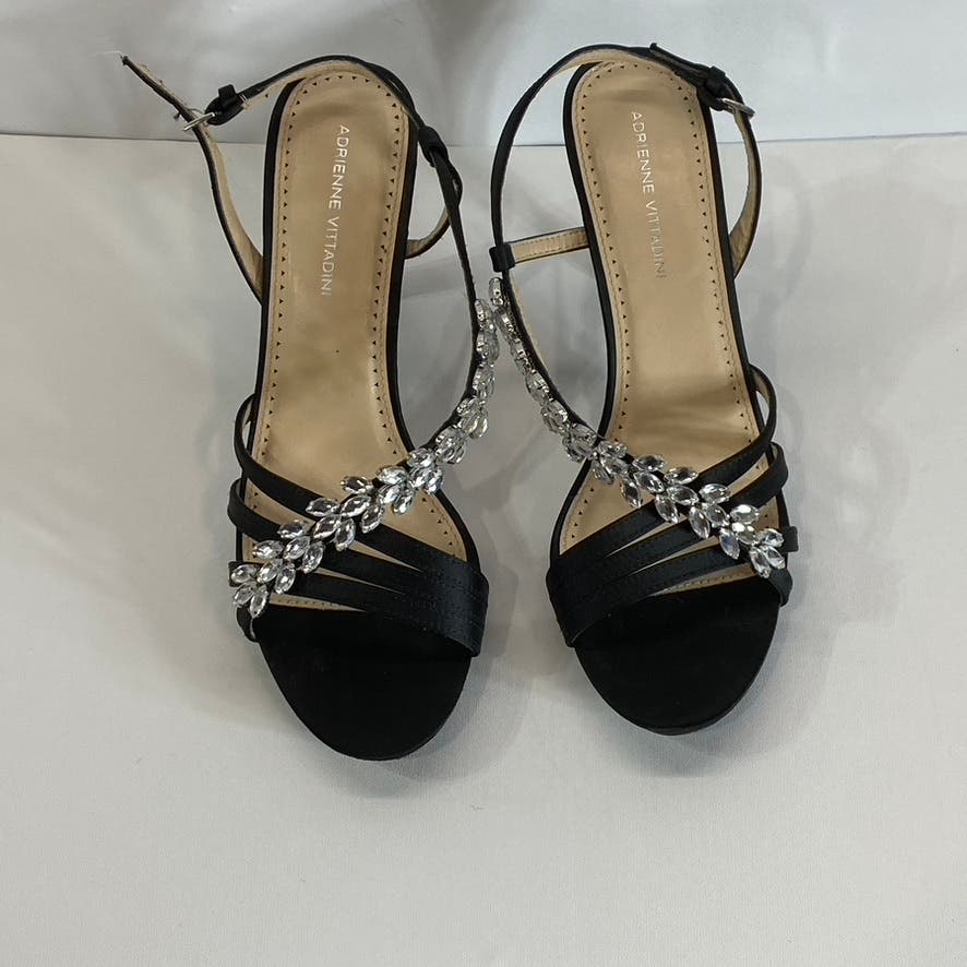 ADRIENNE VITTADINI Women's Black Satin Germaine Embellished Open-Toe Sandal SZ10