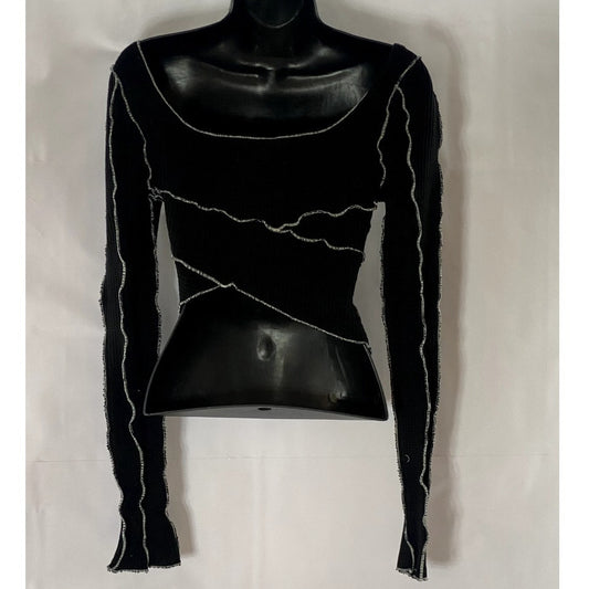 OR CLOTHING Women's Black/White Waffle Knit Overstitch Asymmetrical Top SZ S