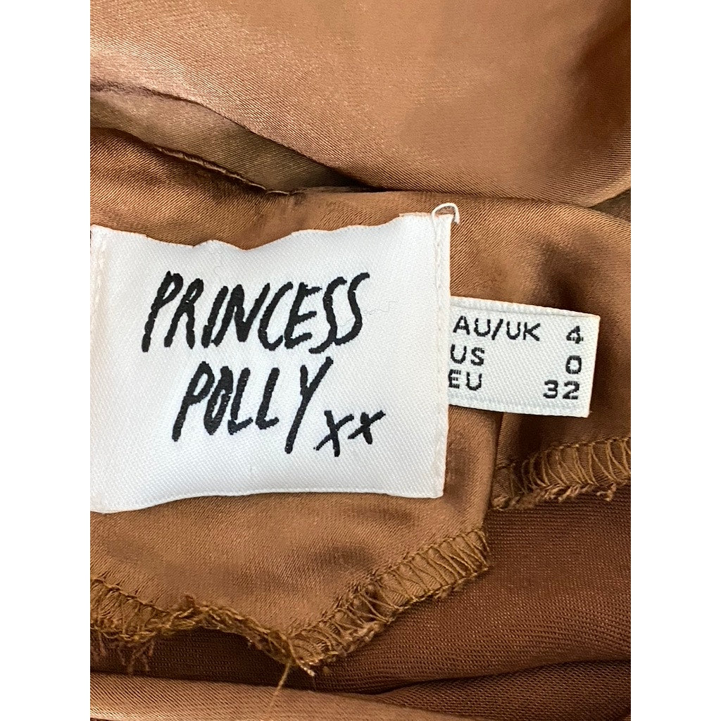 PRINCESS POLLY Women's Brown Satin Cowl-Neck Open Back Mini Dress SZ 0