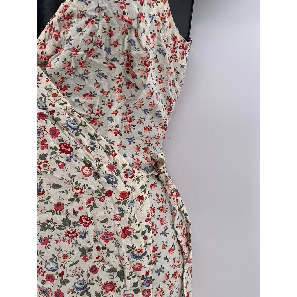 PEPE JEANS LONDON Women's Vintage Beige Floral Print V-Neck Wrap Mini Dress SZ S