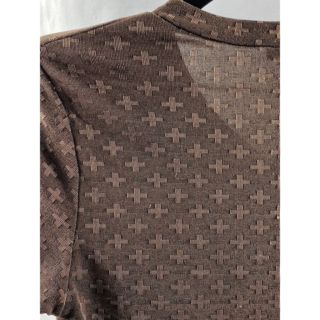 ES SE Women's Brown Cross Print Semi Sheer V-Neck Short Sleeve Top SZ M