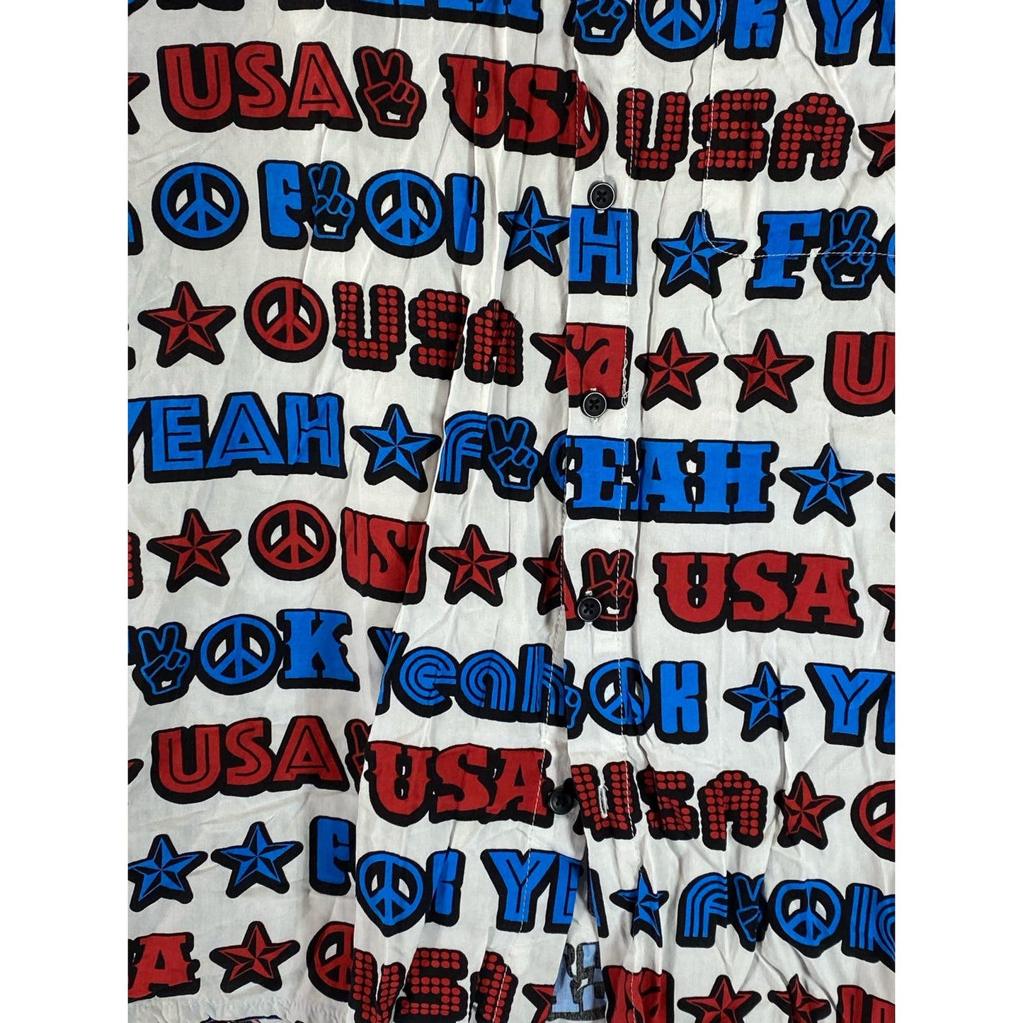 URBAN OUTFITTERS Men's White/Red/Blue "F YEAH" Graphic Button-Up Shirt SZ L