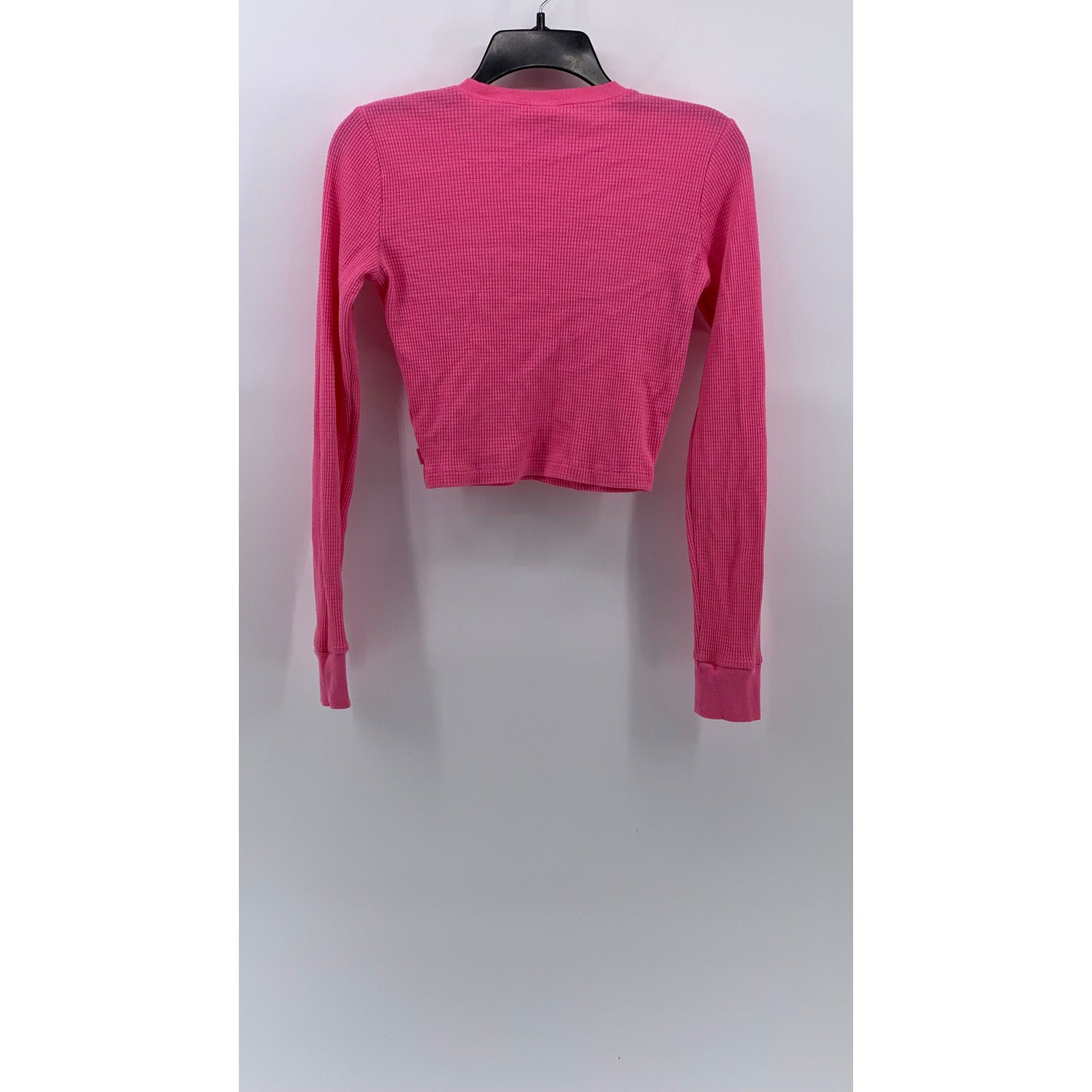 TNA Women's Pink Waffle-Knit Crewneck Long Sleeve Casual Cropped Top SZ S