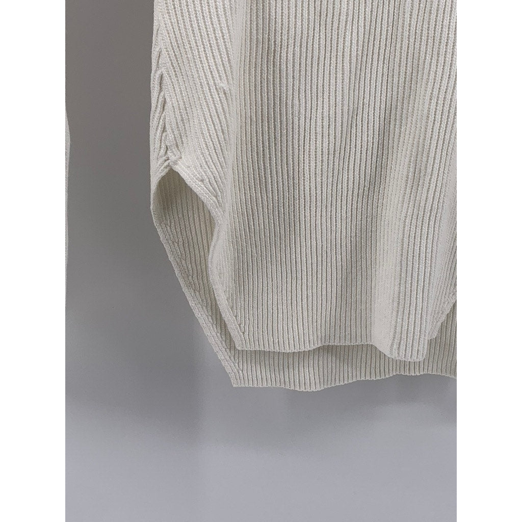 UNBRANDED Women's White Rib Square Hem Slim Fit Long Sleeve V-Neck Top SZ S