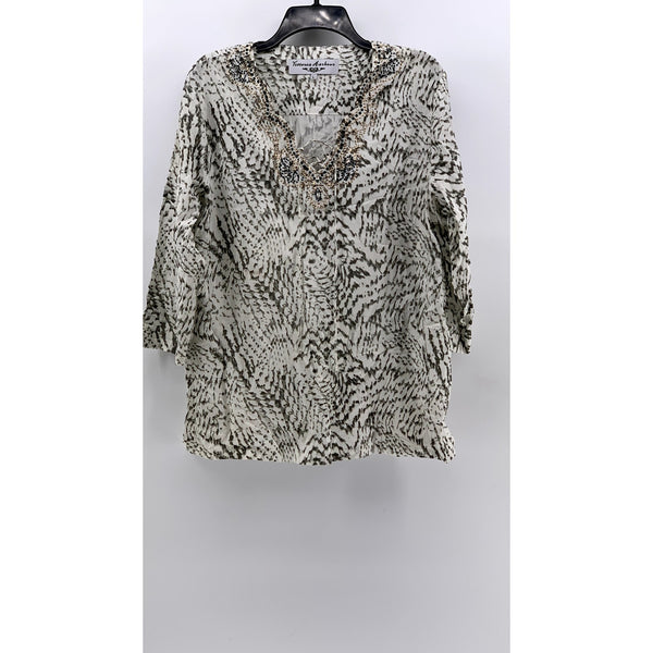 VICTORIA HARBOUR Women's Vintage White-Gray Printed Studded Lace-Up Top SZ L