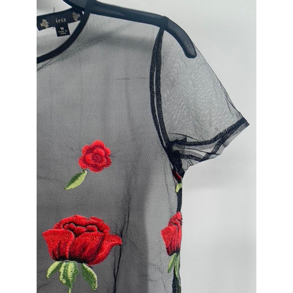 IRIS Women's Black Mesh Embroidered Rose Short Sleeve Crewneck Top SZ M