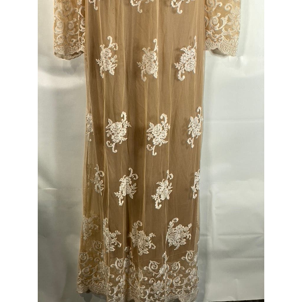 CIDER Women's Tan V-Neck Mesh Floral Lace Long Sleeve Maxi Dress SZ M(US6)