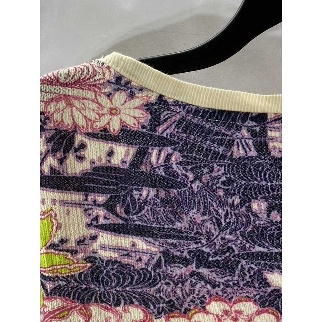 LUEFAY TEES Women's Beige-Multi Scoop-Neck Elbow-Sleeve Lightweight Top SZ M