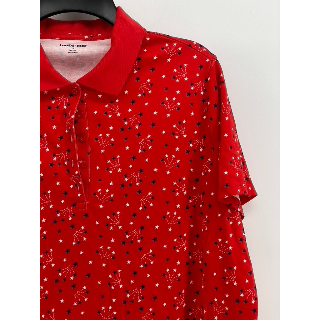 LANDS' END Women's Plus Red Printed Short Sleeve Polo Top SZ 1X