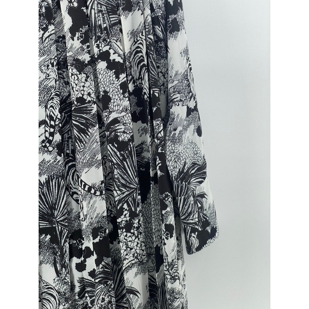 COS Women's Black-White Printed Pleated Long Sleeve A-line Midi Dress SZ 4