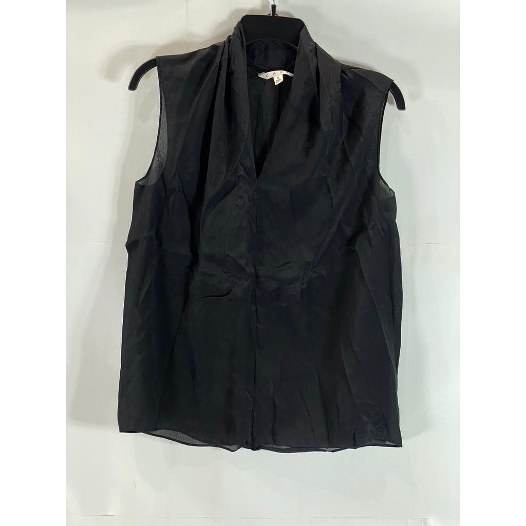 CABI Women's Black Solid Pleat V-Neck Silk-Blend Sleeveless Lightweight Top SZ S