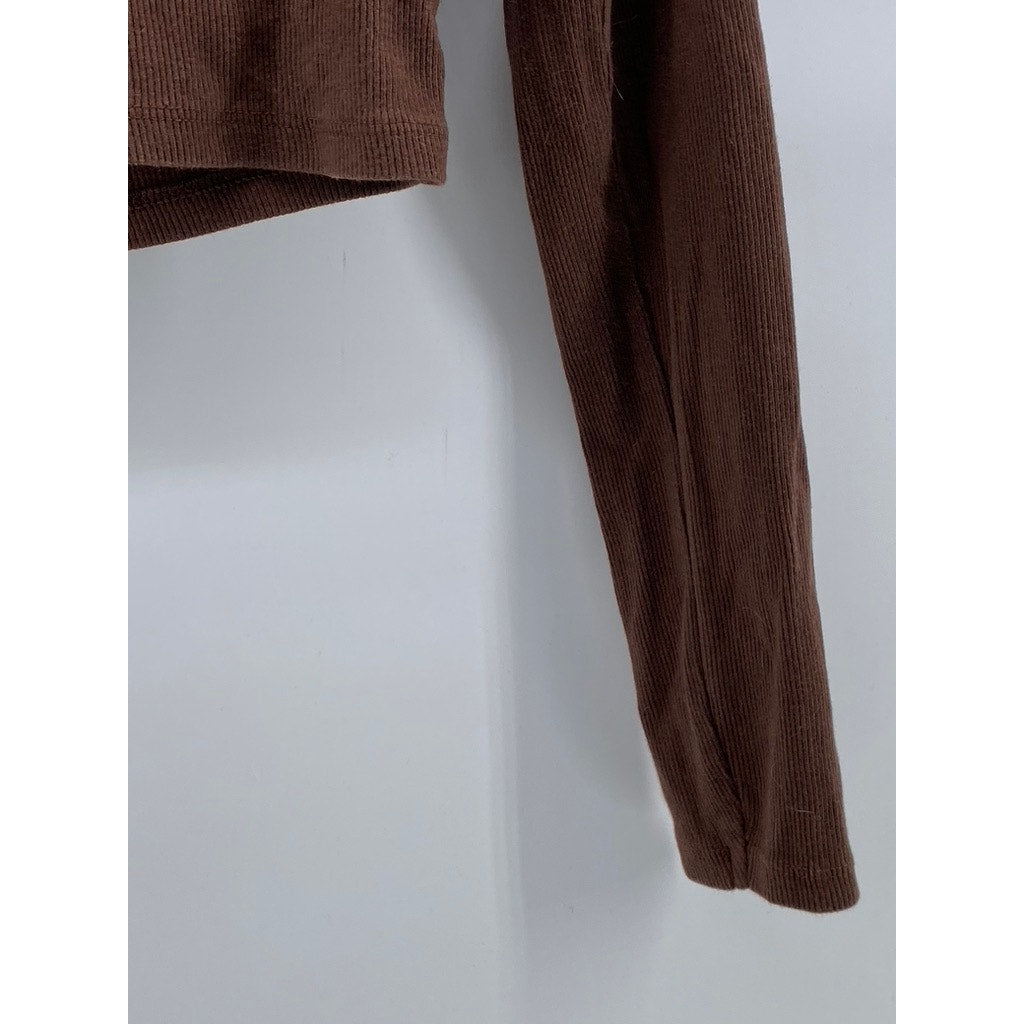ZARA Women's Brown Ribbed Long Sleeve Casual Polo Crop Top SZ M